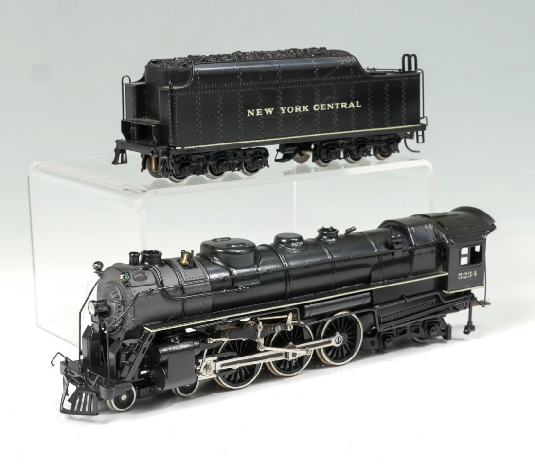 BRASS PFM NEW YORK CENTRAL J-1: BRASS PFM NEW YORK CENTRAL J-1 ENGINE & TENDER: Black painted brass New York Central J-1 4-6-4 model train Engine & Tender #5234, by Tensh for PFM #110 Hudson, 1956. In a homemade box. Approx. 3" h x 