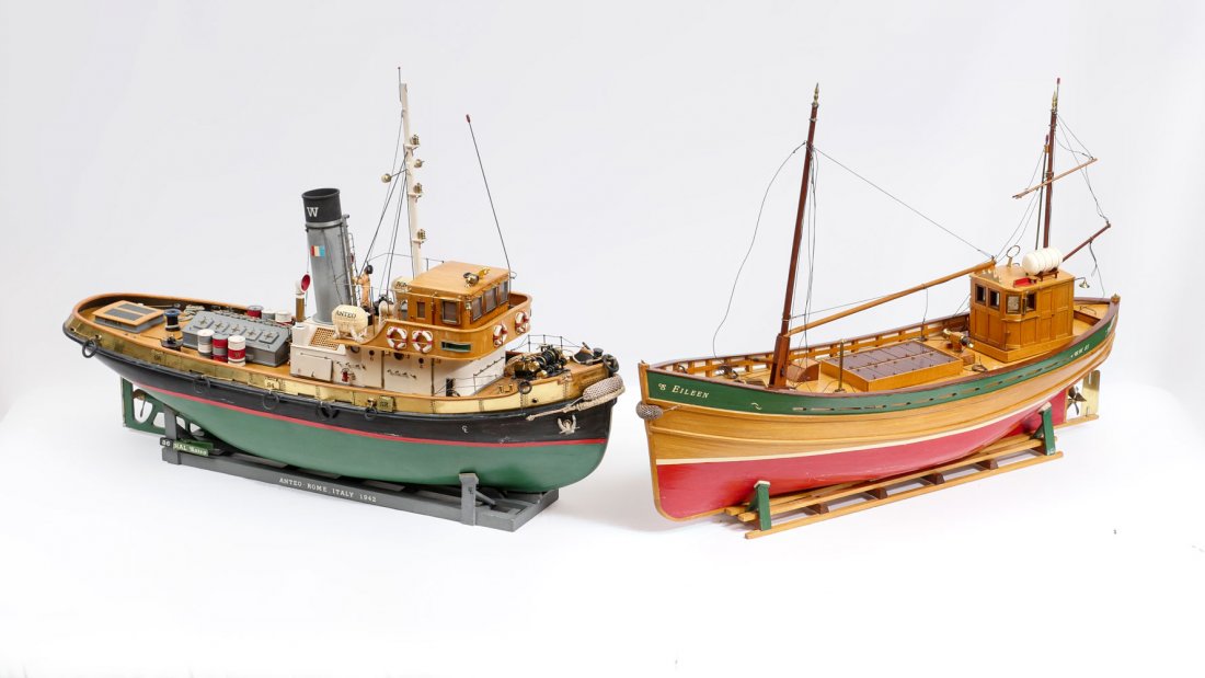 2 REMOTE CONTROL SHIP MODELS: 2 REMOTE CONTROL SHIP MODELS: Comprising; 1- Ship model of the Eileen, H.W. 85, Southhampton, & 1- Tug boat named Anteo, from Rome, Italy, 1942. Boat Models built by Hal Wolf known at the Boat Basin i