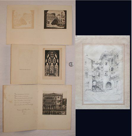 4 JOHN TAYLOR ARMS ETCHINGS: ARMS, John Taylor, (American, 1887-1953): 3 Christmas Card Etchings, 1 Etching, "Shadows of Venice", 8 1/4" x 13 1/2", Xmas card form 1930; Gothic Window, etching affixed to Xmas card, 6 1/2" x 4", pe