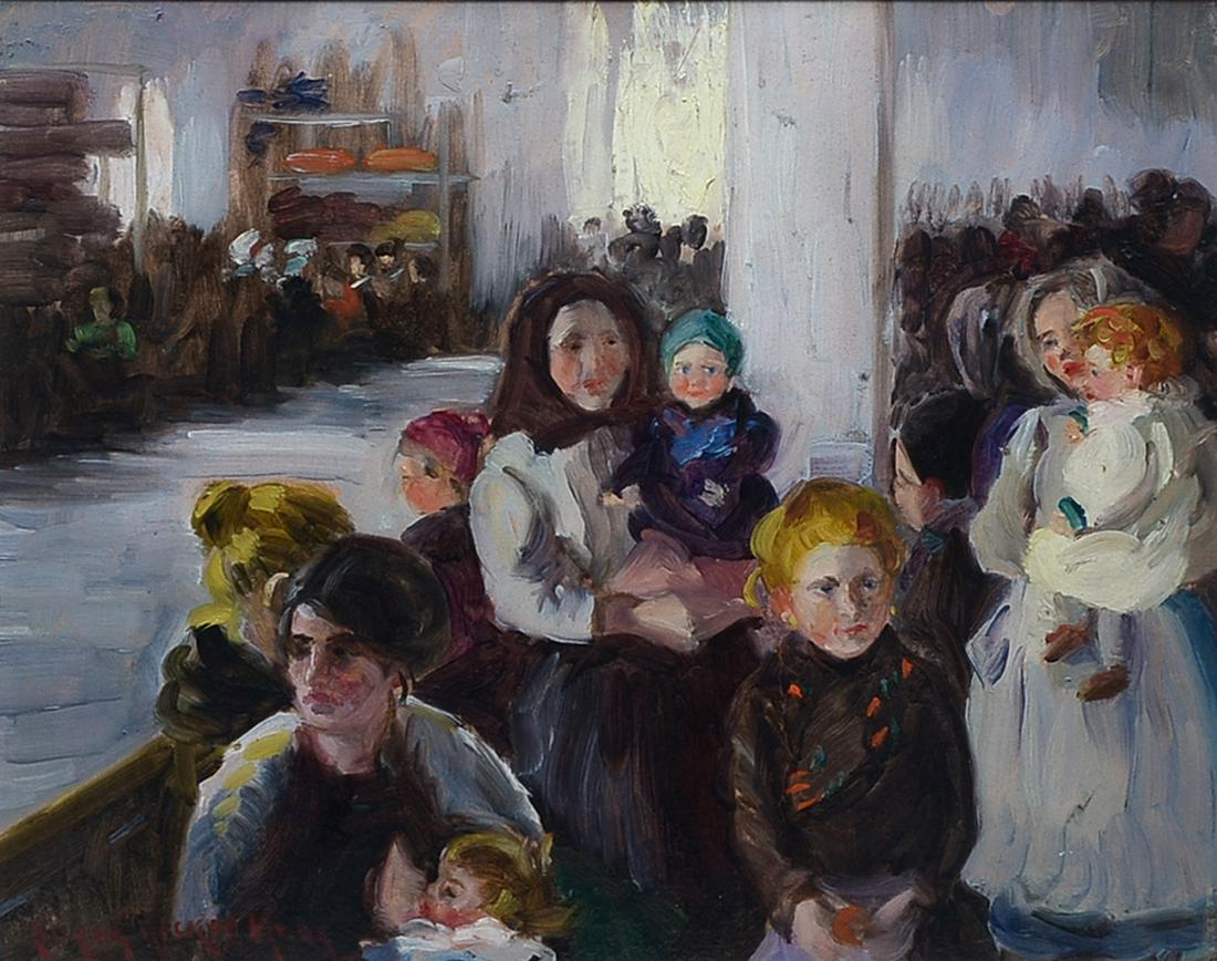 SUSAN RICKER KNOX EXHIBITED PAINTING: KNOX, Susan Ricker, (American, 1874-1959): Detention and Deporting Room after Typhus Scare, Italian and Czech Mothers and Babies, Little German Girl, Oil on Board, 16" x 20", Exhibition labels from Ar