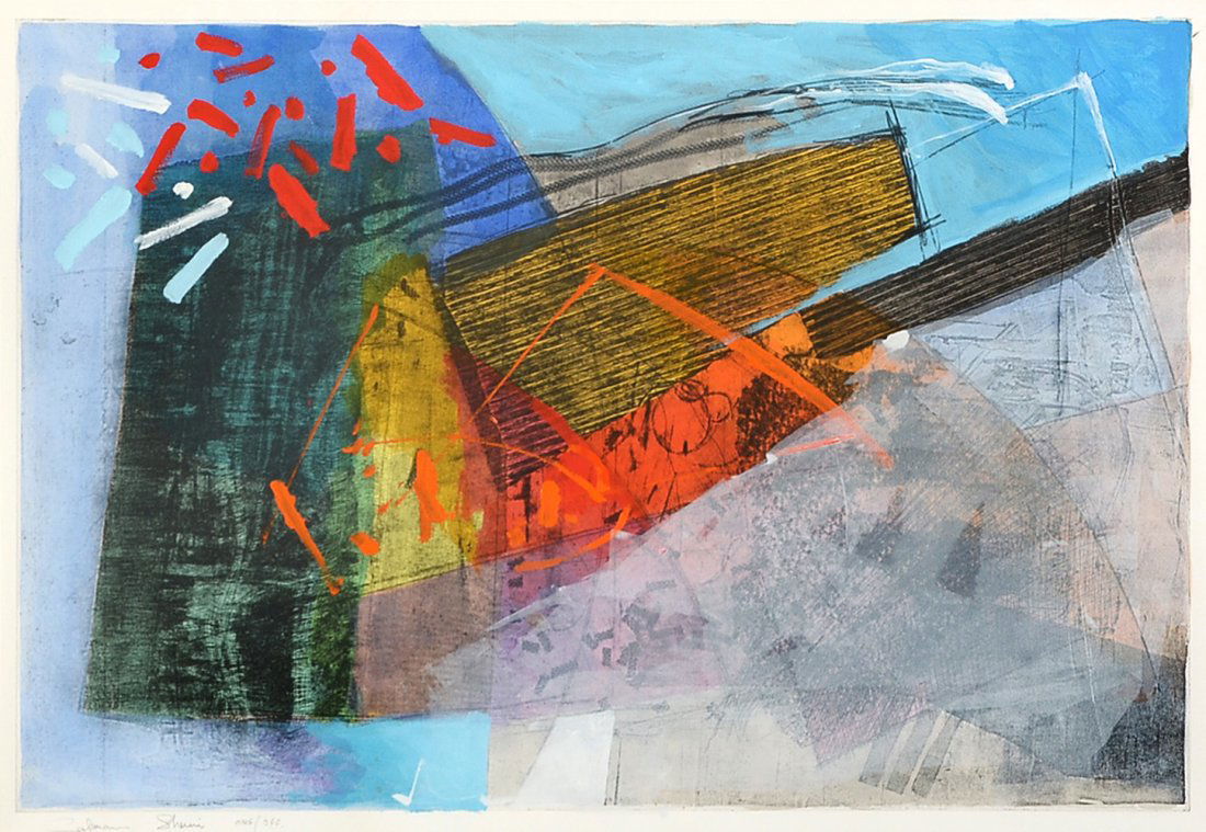 LARGE CALMAN SHEMI ABSTRACT MIXED MEDIA: SHEMI, Calman, (Argentinian, 1939): Abstract Composition Mixed Media Print with Watercolor and Oil Paint Accents, sight size is 27" x 39.50", signed lower left and marked ONE Off, contemporary silver