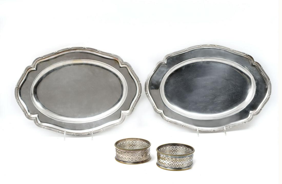 4 PC. CHRISTOFLE SILVERPLATE SERVING TRAYS & BOWLS: 4 PC. CHRISTOFLE SILVERPLATE SERVING TRAYS & BOWLS: Comprising; 2- serving trays by Christofle having a ribbed border with ribbons accenting. Underside of one bares an impressed ''Christofle'' & ''CC'