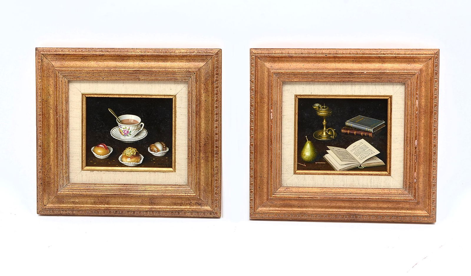 PAIR OF L. PIZARRO STILL LIFE PAINTINGS: PAIR OF L. PIZARRO STILL LIFE PAINTINGS: 1) Depicts a Desktop with Books, Lamp, Pear, and Matches. Oil/Masonite, 4'' x 5'', signed lower left, framed 10.50'' x 11.25''. 2) Still Life of Teacup with Pa