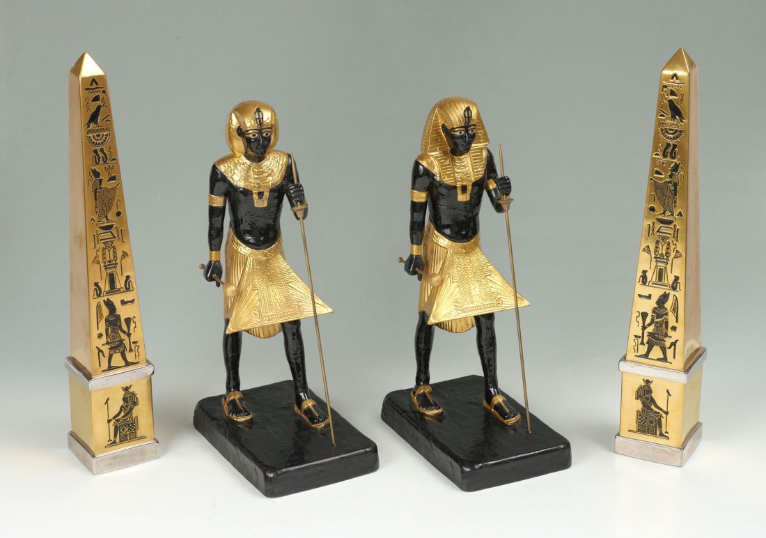 BOEHM PAIR OF OBELISK & PAIR OF GUARDIAN FIGURES: BOEHM PAIR OF OBELISK & PAIR OF GUARDIAN FIGURES: 1) Pair of obelisks painted in 24K, each decorated with Egyptian motifs representing burial tomb of King Tut. Title and edition numbers TC-29 and #27A