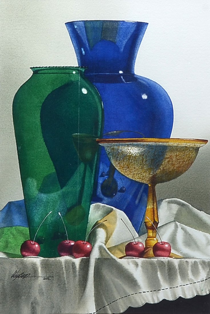 MICHAEL WEBER STILL LIFE PAINTING GLASS & CHERRIES: WEBER, Michael, (American, 1941): "Glass with Cherries", Watercolor, sight size is17.50" x 11.50", singed lower left, signed and titled verso dated 1998, framed 26" x 20".