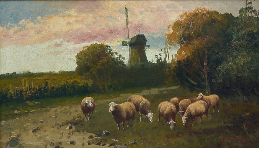 JAN PIETRAS DUTCH LANDSCAPE PAINTING: PIETRAS, Jan, (19th Century): Dutch Landscape with Windmill and Sheep, Oil/Canvas, 12" x 20", signed lower right, Gilded gesso frame is 20" x 27.75".