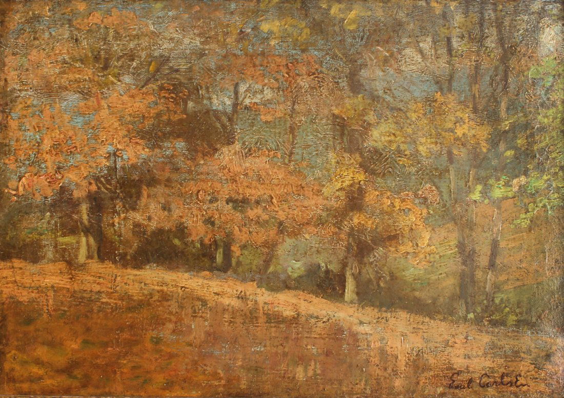 AUTUMNAL IMPRESSIONIST LS. PAINTING SIGNED EMIL CARLSEN: AUTUMNAL IMPRESSIONIST LANDSCAPE PAINTING SIGNED EMIL CARLSEN: 14" x 20.25", singed lower right, fine gilded impressionist frame 18.50" x 24.50".