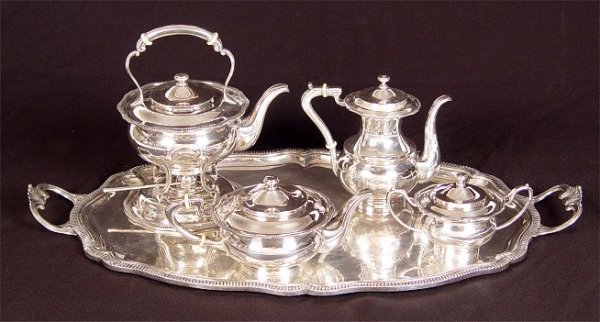 5 pc ORTEGA MEXICAN STERLING TEA SERVICE W/TRAY