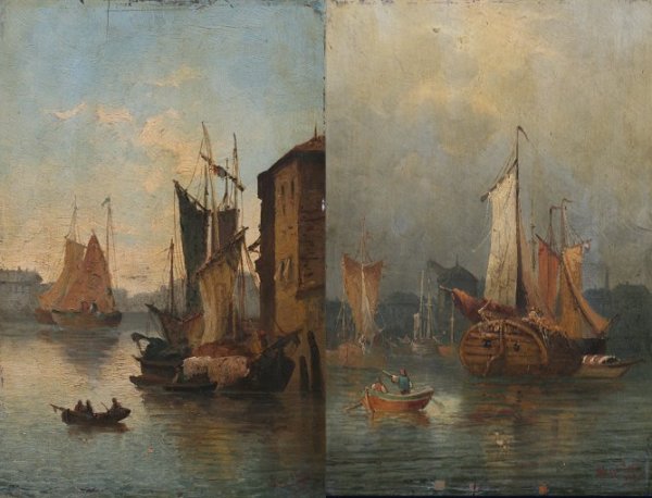PAIR OF ILLEGIBLY SIGNED 19TH HARBOR PAINTINGS