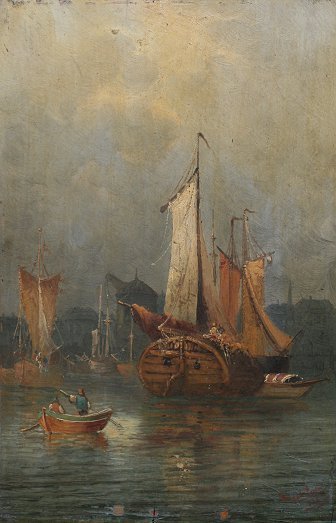 PAIR OF ILLEGIBLY SIGNED 19TH HARBOR PAINTINGS - 2