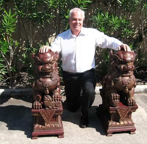 MASSIVE PAIR 19th C CARVED FOO LION DOG GUARDIANS