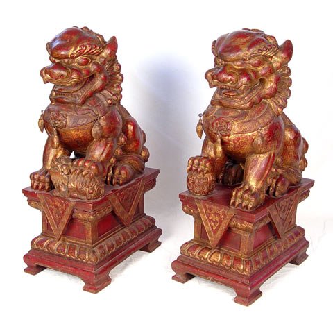 MASSIVE PAIR 19th C CARVED FOO LION DOG GUARDIANS - 2
