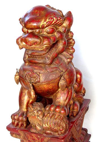 MASSIVE PAIR 19th C CARVED FOO LION DOG GUARDIANS - 3