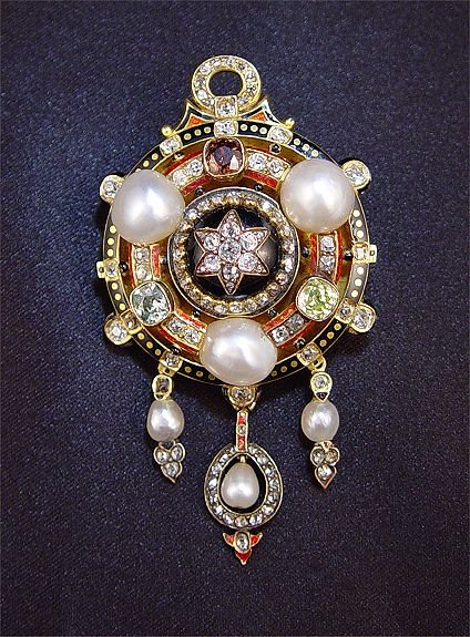 18K ANTIQUE COLORED DIAMOND PEARL BROOCH PENDANT