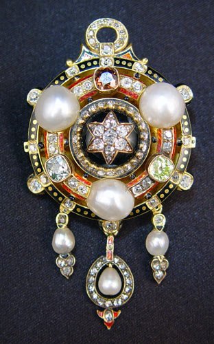 18K ANTIQUE COLORED DIAMOND PEARL BROOCH PENDANT - 2
