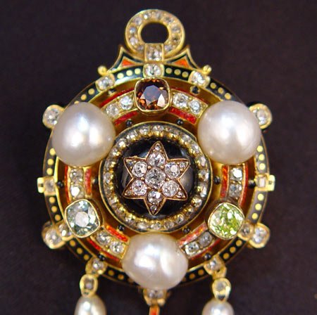 18K ANTIQUE COLORED DIAMOND PEARL BROOCH PENDANT - 3