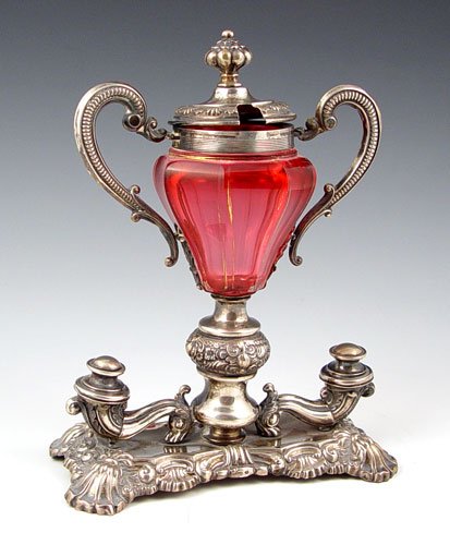 AUSTRIAN SILVER MOUNTED CRANBERRY GLASS MUSTARD