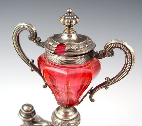 AUSTRIAN SILVER MOUNTED CRANBERRY GLASS MUSTARD - 2