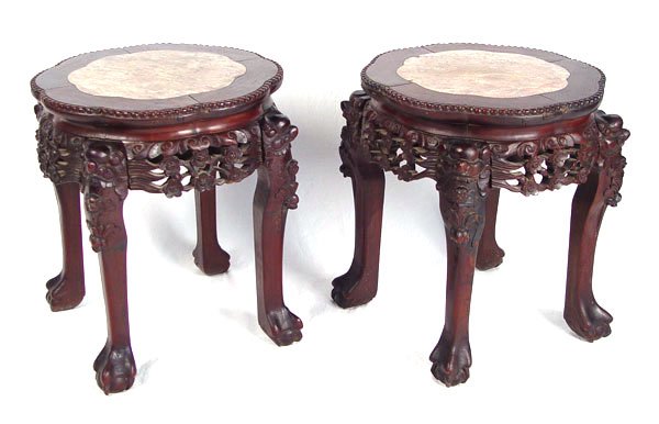 PAIR CHINESE MARBLE INSET CARVED STANDS