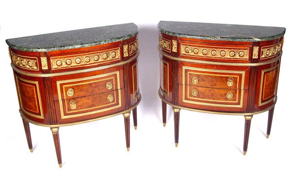 PAIR FRENCH STYLE ORMOLU MARBLE TOP COMMODES