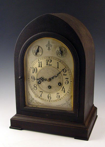 SETH THOMAS NO. 72 BEEHIVE CHIME CLOCK: SETH THOMAS NO. 72 BEEHIVE CHIME CLOCK: Circa 1920's crazed mahogany case. Silvered metal face with fast / slow and chime / silent. Marked on case J. B. Van Sciver Co. Camden NJ, Seth Thomas 113 A key