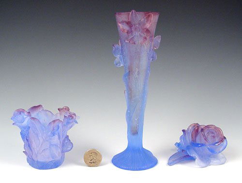 3 PC DAUM FRENCH PATE DE VERRE CRYSTAL ROSES VASE: 3 PIECE DAUM FRENCH PATE DE VERRE BLUE CRYSTAL LOT: To include 1) Bud vase with stems and roses decoration, 7 3/4". 2) Candle holder with stem and roses decoration, 3 1/4". 3) Rose paperweight 2 1/8".