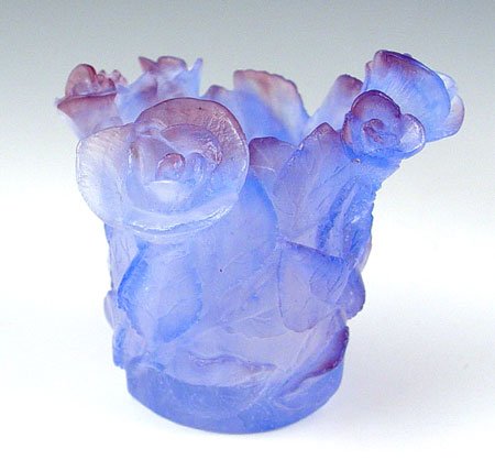3 PC DAUM FRENCH PATE DE VERRE CRYSTAL ROSES VASE - 2