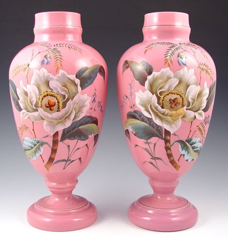 PAIR VICTORIAN ART GLASS VASES 13.5" tall