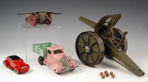 4 PIECE TIN TOY LOT CANNON, AIRPLANE, CARS