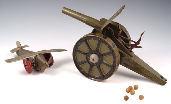 4 PIECE TIN TOY LOT CANNON, AIRPLANE, CARS - 2