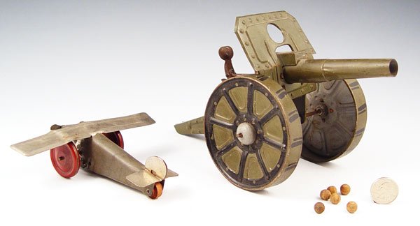 4 PIECE TIN TOY LOT CANNON, AIRPLANE, CARS - 3