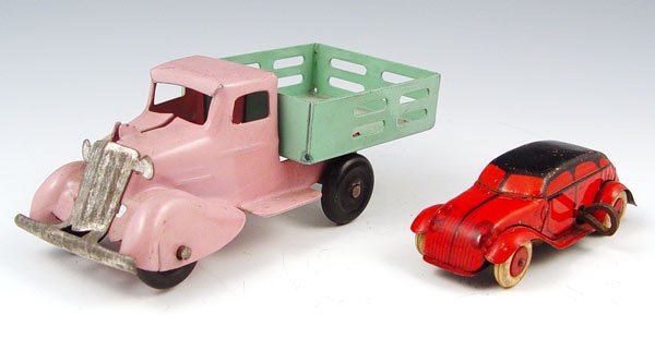 4 PIECE TIN TOY LOT CANNON, AIRPLANE, CARS - 4