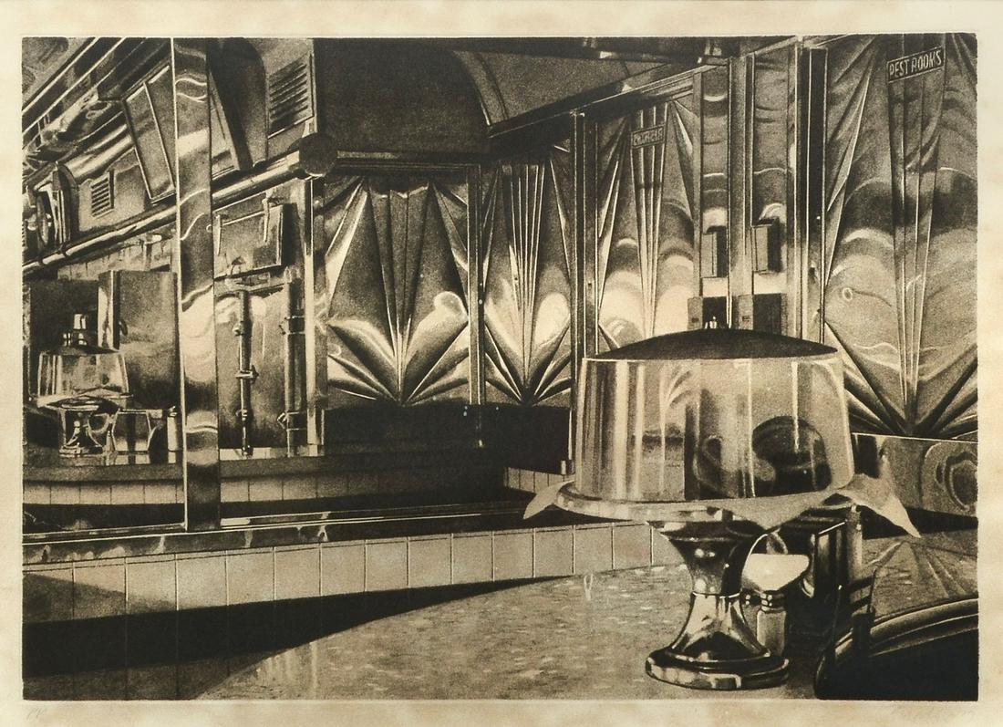 JOHN BAEDER PRINTER'S PROOF LITHOGRAPH: BAEDER, John, (American, b. 1938): "Curley's Diner", Printer's Proof Lithograph, 18" x 25.5", pencil signed lower right, marked "PP" lower left, framed, 27.5" x 34.5", old label is affixed verso, wate