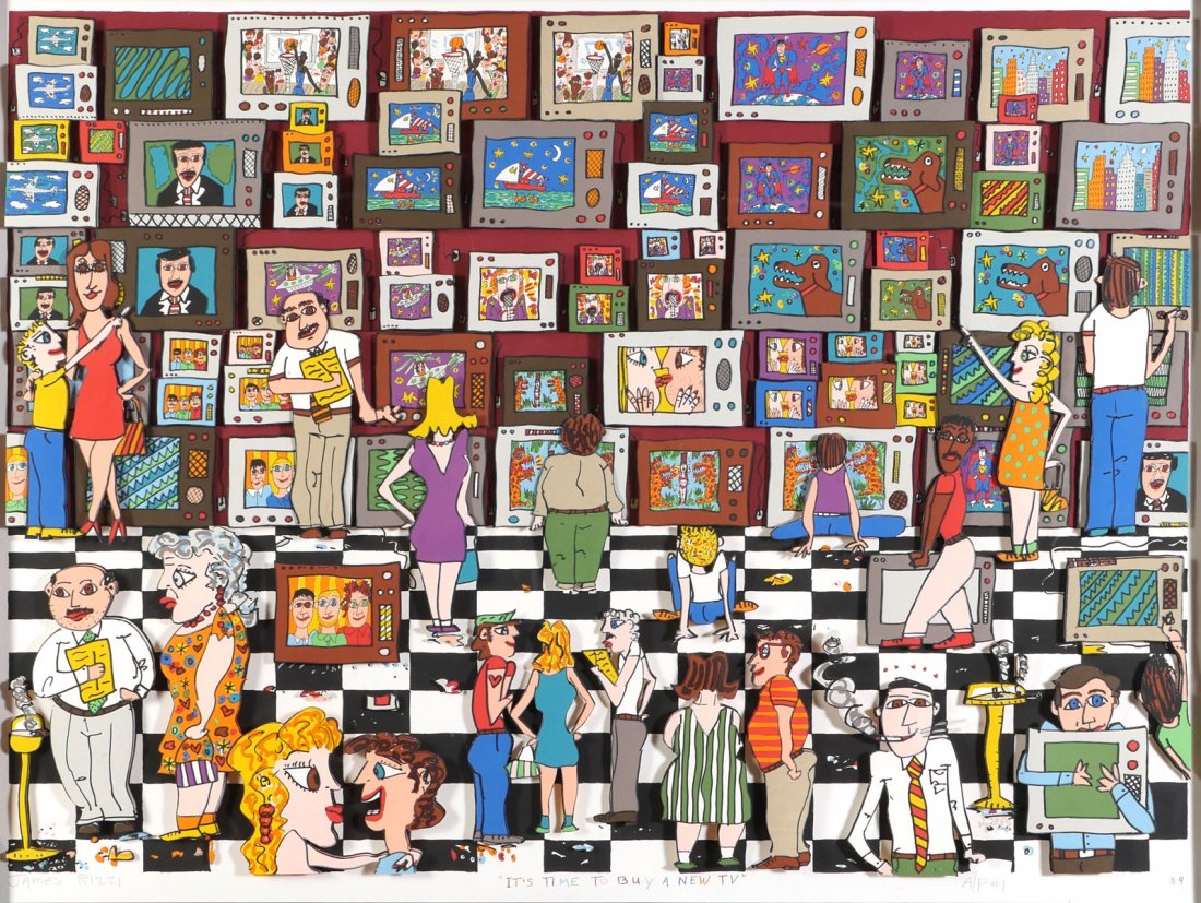 LARGE JAMES RIZZI "IT'S TIME TO BUY A NEW TV" 3D: RIZZI, James, (American, 1950 - 2011): "It's Time to Buy a New TV", 3D Artist Proof Lithograph, 27.5" x 36.5", Framed, 37" x 46.5", Pencil Signed Lower Left, Title Mid Margin, Marked AP1, Dated 1989 L