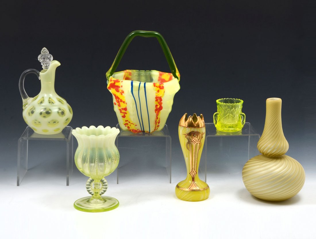 6 PC. VASELINE & ART GLASS COLLECTION: 6 PC. VASELINE & ART GLASS COLLECTION: Comprising; 1- Fenton Vaseline coin dot cruet, 1- Westmorland toothpick holder having a swan & pond foliate design, 1- Northwood? compote, 1- Murano Vaseline art