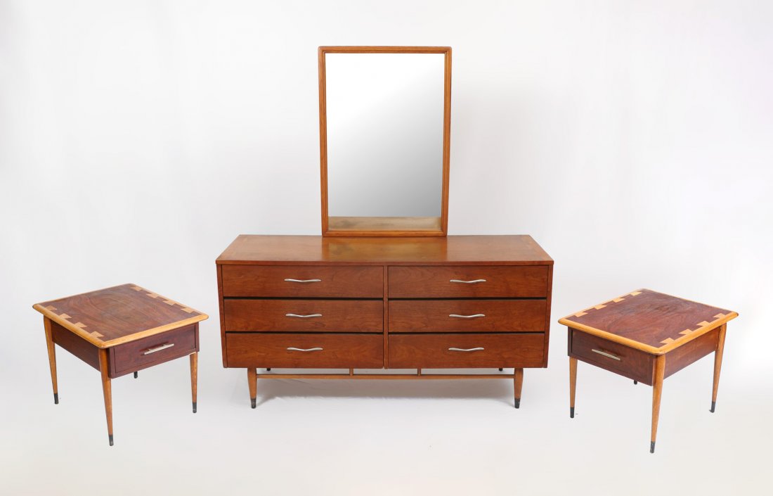 3 PIECE LANE ACCLAIM FURNITURE: 3 PIECE LANE ACCLAIM FURNITURE: Comprising; 2- Single drawer end tables. Approx. 20" l x 26" l x 22" w. 1- 6 drawer dresser with mirror. Approx. 67.75" h x 60" l x 19" w.