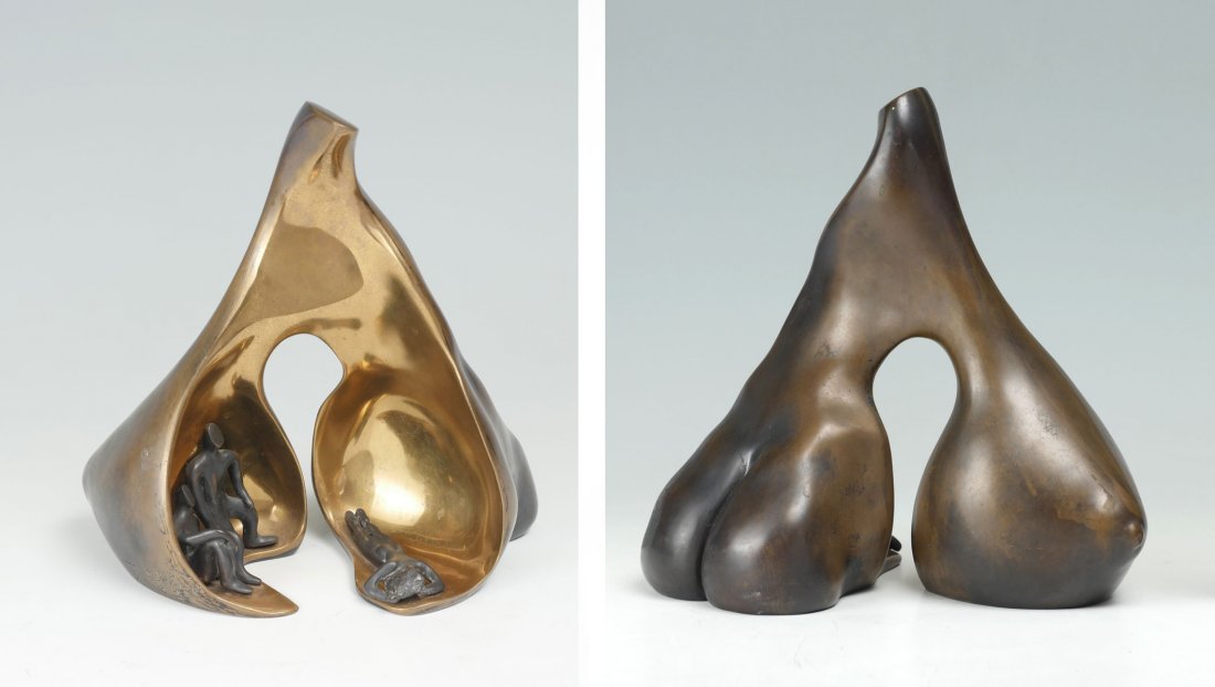 ILLEGIBLY SIGNED SURREAL EROTIC BRONZE SCULPTURE: ILLEGIBLY SIGNED SURREAL EROTIC BRONZE SCULPTURE: Female Breast and Buttocks on One Side, Verso, A Vignette with Two Male Figures Gazing Upon a Reclined Nude Female Figure Form, illegibly signed Tania