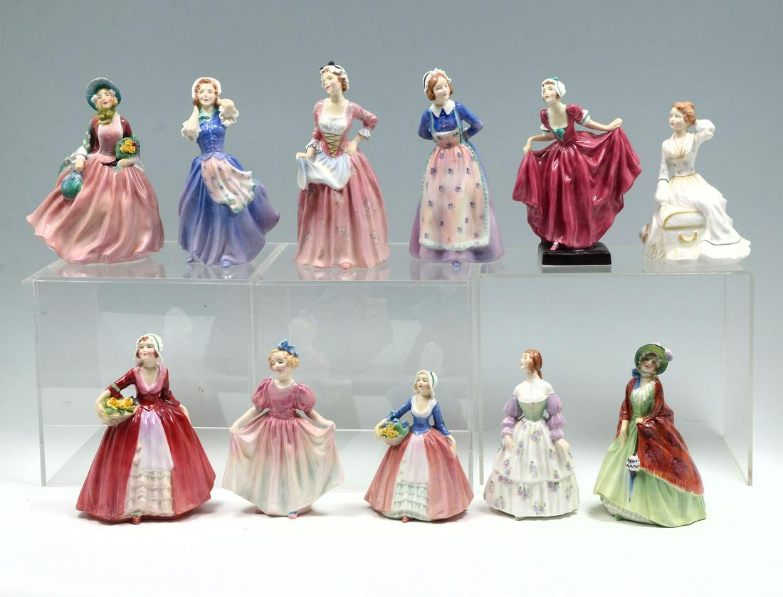 11 PC ROYAL DOULTON FIGURINES: 11 PC ROYAL DOULTON FIGURINES: 1) 'Honey', HN 1909; 2) "Betsy", HN 2111, Copr. 1952; 3) "Mary Jane", HN 1991, Copr. 1946, 4) "Susan", HN 2056, Copr. 1949; 5) "Delight", HN 1772; 6) "Summer's Day, HN 2