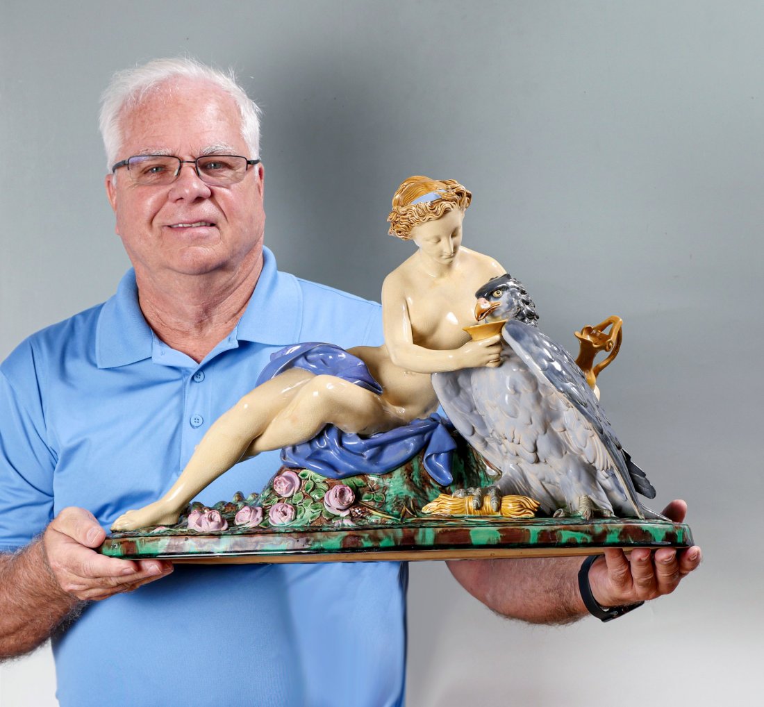 LARGE MINTON PORCELAIN GROUPING OF WOMAN & FALCON: LARGE MINTON PORCELAIN GROUPING OF WOMAN & FALCON: Large Minton Porcelain of a reclining nude woman giving a Falcon a drink. Verso of base bares an impressed Minton Co. Approx. 14.5" h x 23.75" l x 9"