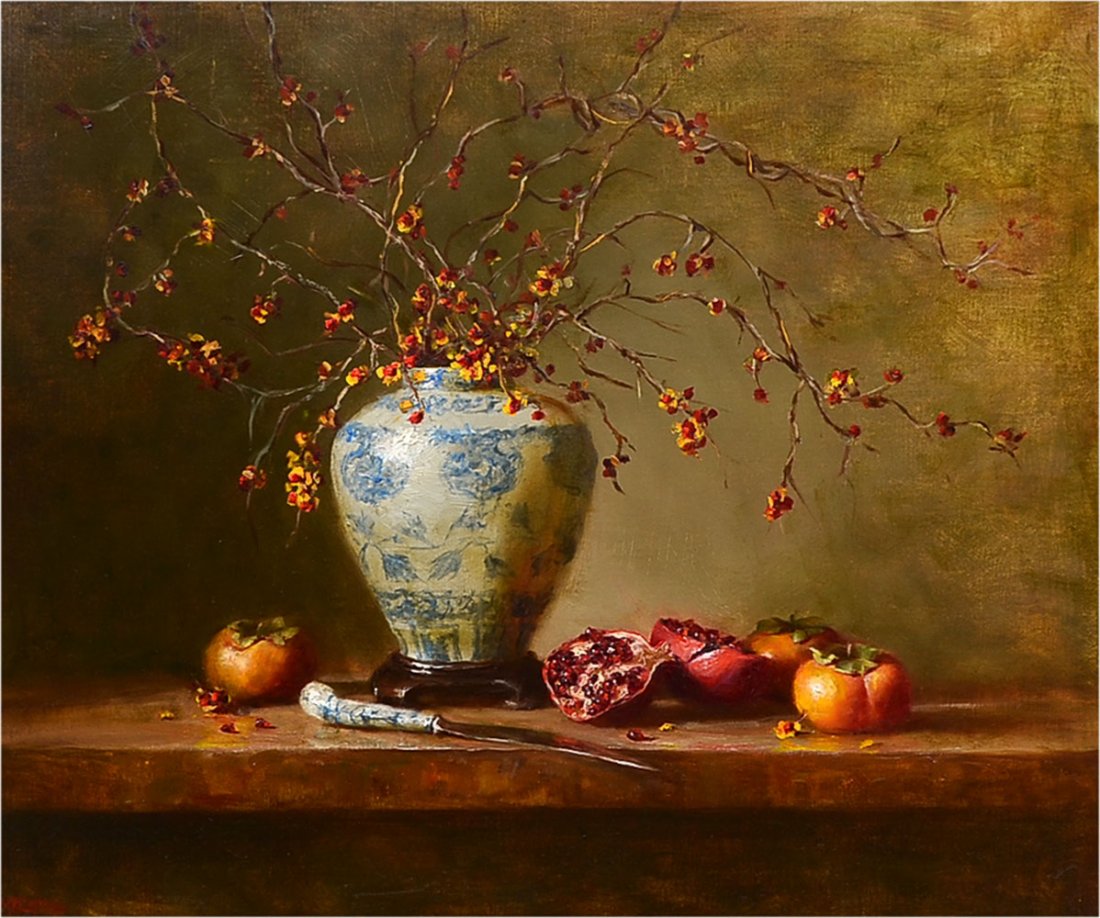 LUCY MAZZAFERO ORIENTAL MOTIF STILL LIFE PAINTING: MAZZAFERRO, Lucy, (American, 20th Century): Oriental Vase and Pomegranates, Oil/Board, 20" x 24", signed lower left and framed, 29.5" x 33.5".