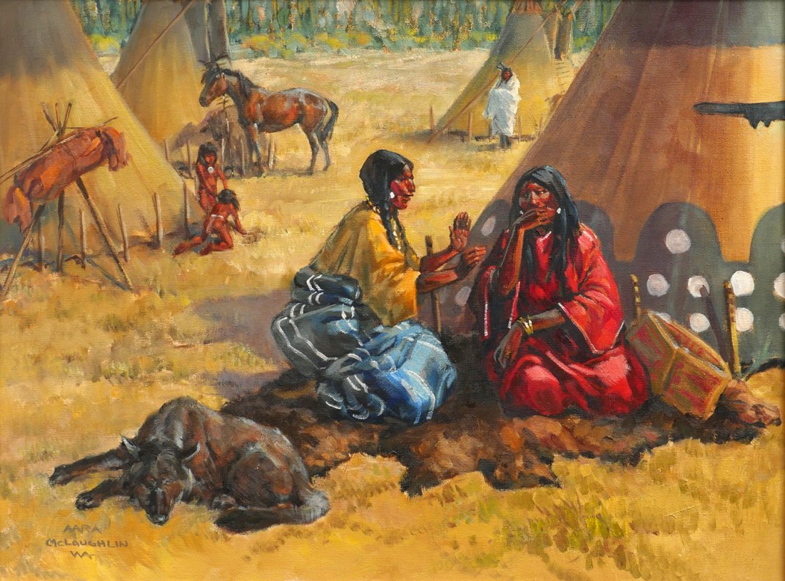 NANCY MCLAUGHLIN AMERICAN INDIAN PAINTING: MCLAUGHLIN, Nancy (American, 1932 - 1985): "He Watches" Camp Scene with Gossips, Oil/Canvas, 18" x 24", signed lower left, framed, 26" x 32".