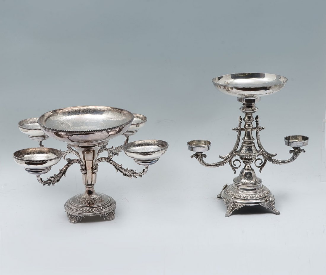 2 VICTORIAN SILVER PLATE EPERGNES: 2 VICTORIAN SILVER PLATE EPERGNES: 2- Sheffield England silver plated epergnes having scrolling foliate arms, with side bowls and a large central bowl. Largest Approx. 11.25" h x 15.5" w.