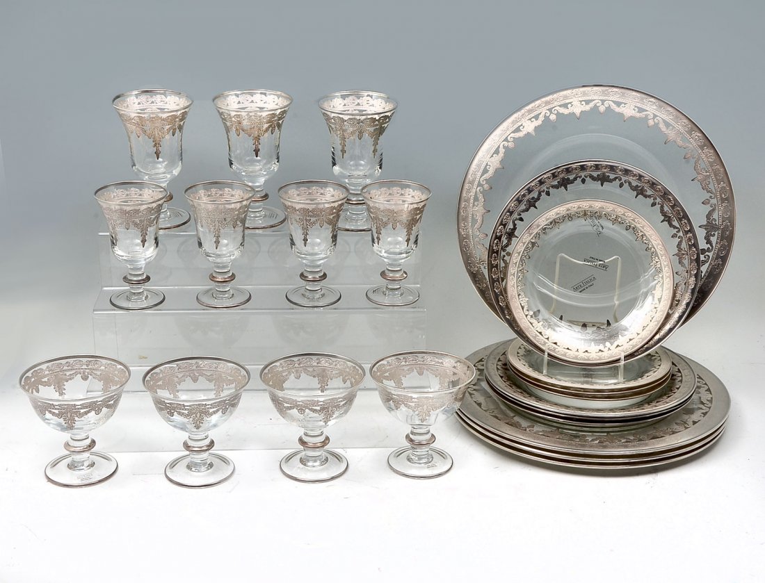ARTE ITALICA SERVICE FOR 4 MINUS 1 WATER GLASS: ARTE ITALICA SERVICE FOR 4 MINUS 1 WATER GLASS: Comprising; 4- Large plates, 4- Dinner plates, 4- Luncheon plates, 4- Shrimp cocktail cups, 4- Wine goblets, & 3- Water cups.