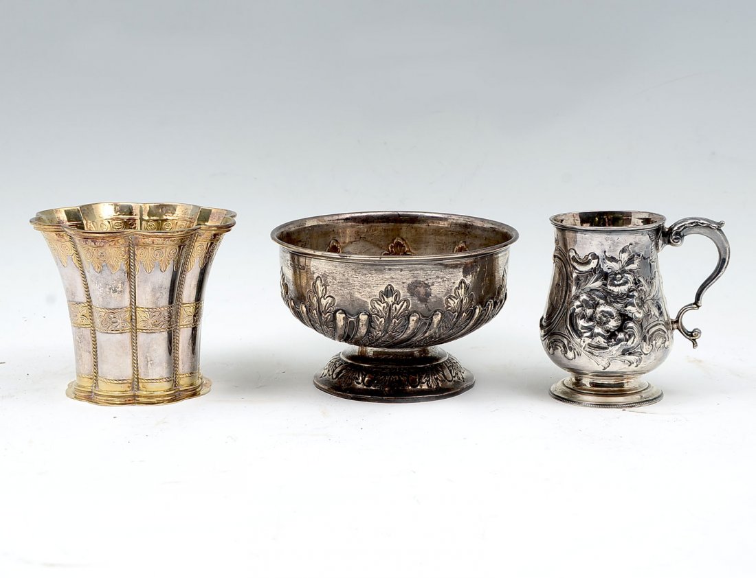 3 PIECE STERLING INCLUDING MAPPIN AND WEBB: 3 PIECE STERLING INCLUDING MAPPIN AND WEBB: Approx. 22.51 Troy ounces Sterling: Comprising; 1- English Sterling pitcher having an overall floral & scrolling design. 1- Gold washed Anderson scalloped v