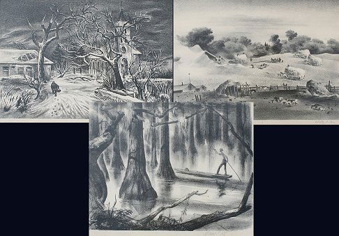 3 AAA LITHOGRAPHS DEHN BOHROD & PITZ: 3 AAA LITHOGRAPHS: Aaron Bohrod, "Church in Luxembourg", 9 1/2" x 13" sight size, pencil signed, framed, 17" x 20 1/2", AAA label verso; Adolf Dehn, Farming Scene, 10" x 13 1/4" sight size, pencil sig