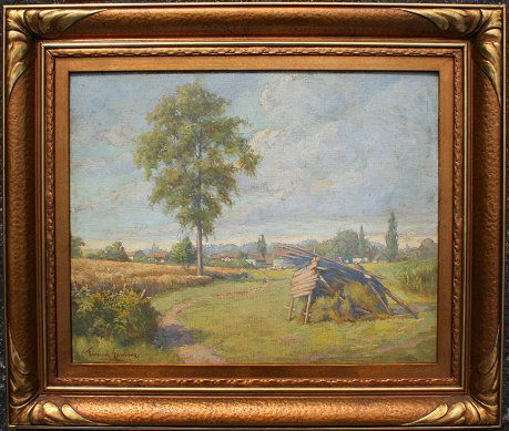 FRANK ENDERS LANDSCAPE PAINTING MILWAUKEE ARTIST: ENDERS, Frank, (American, 1860-1920): Just Outside of Town, OIL/CB, 14 1/2'' x 18'', signed, exceptional period gilded frame, 20'' x 24'', Bresler label verso. One of the founders of the Milwaukee Soc