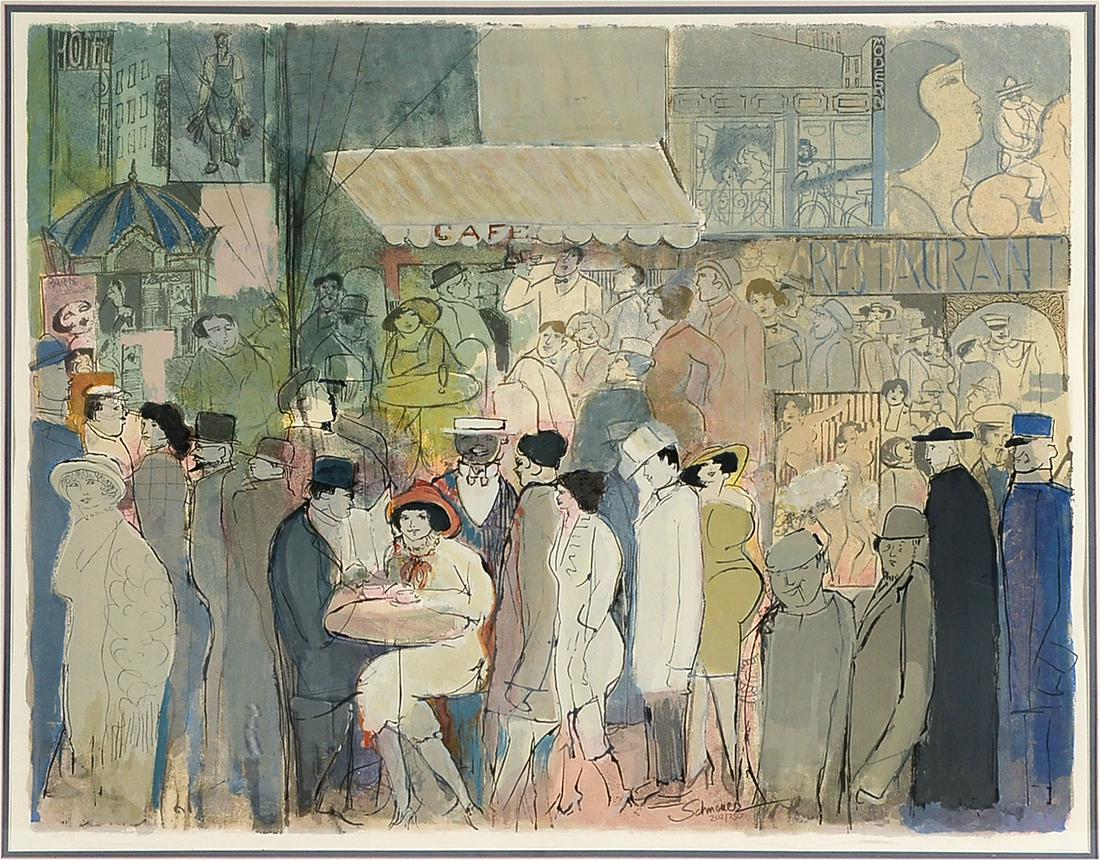 LARGE DAVID SCHNEUER PARIS CAFE SERIGRAPH: SCHNEUER, David, (Israel, Germany, Hungary, 1905 - 1987): Busy Paris Street Scene with Cafe, Serigraph, site size 30'' x 38.5'', pencil signed in lower margin, numbered 202/250, framed, 41'' x 49''.