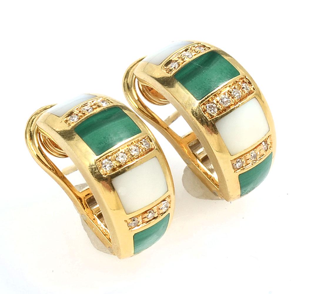 18K MID-CENTURY MALACITE, MOP & DIAMOND EARCLIPS: 18K MID-CENTURY MALACHITE, MOP & DIAMOND EAR CLIPS: Fine Italian ear clips inlaid with malachite and mother of pearl panels and accented with diamonds, in yellow gold. Very well made. Weight 16.6 gram