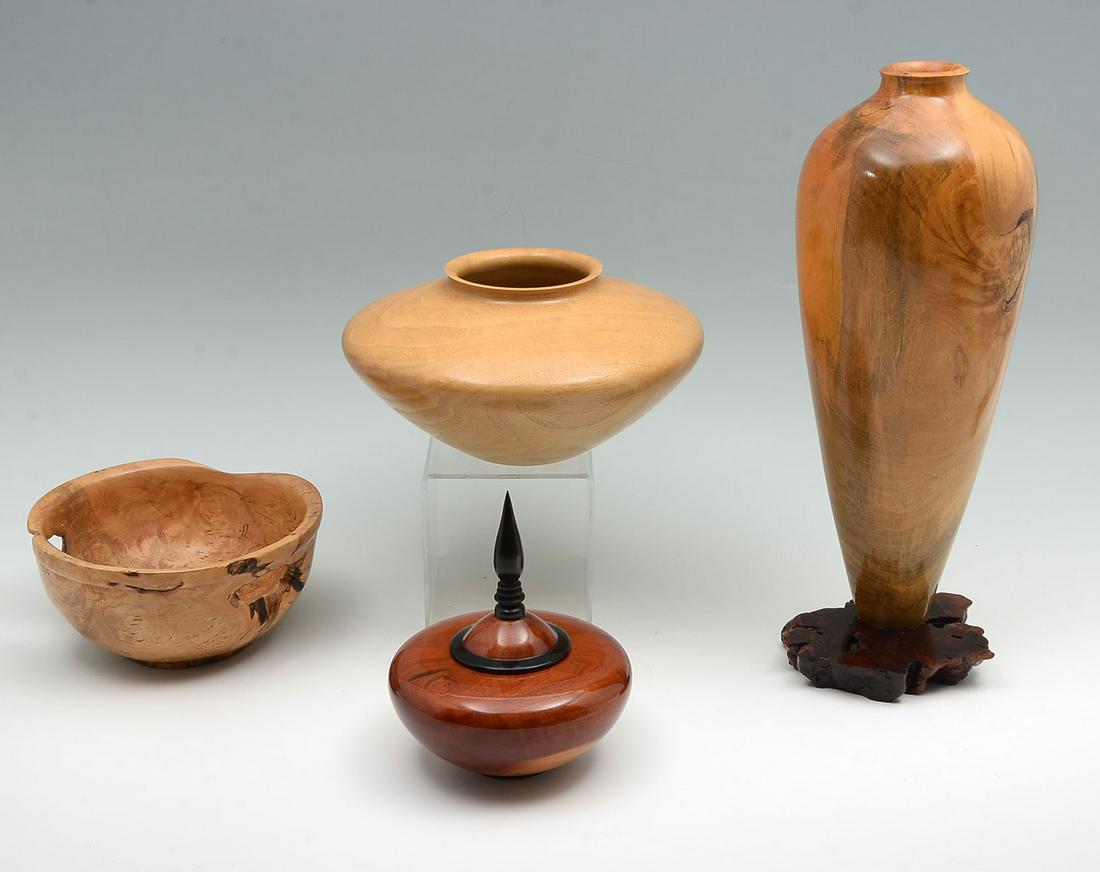 4 PC. ARTISAN TURNED WOOD VASES & BOWL: 4 PC. ARTISAN TURNED WOOD VASES & BOWL; Comprising; 1- Signed Barrie Harding, turned hollow Orange vase, having an attached Manzanita Root base. 1- Signed William ''Roy'' Yarger, turned Persimmon squa