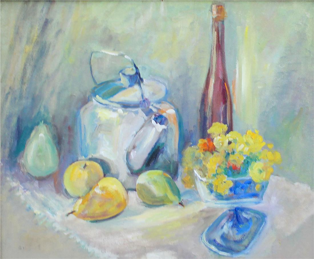 ALBERTA REHM SHULZ STILL LIFE PAINTING: SHULZ, Alberta Rehm, (American, 21st Century): "Still Life with Fruit", Oil/Masonite, 20" x 24", signed lower left, label affixed verso, frame crafted by Adolf Shulz, (Her Husband), 27.5" x 31.5".